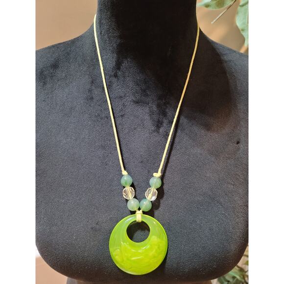 Unbranded Jewelry - Women’s Green Resin Ring Pendant Necklace with Beaded Accents on Adjustable Cord